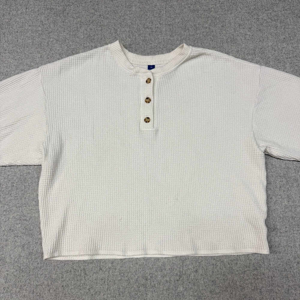Old Navy Henley Top XL Cream Waffle Knit Long Sleeve Button Thermal Shirt Women